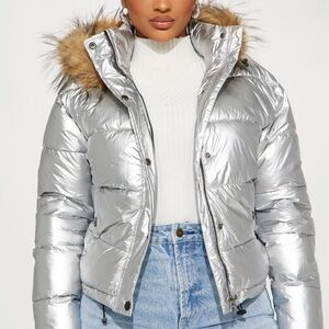 Silver metallic puffer coat